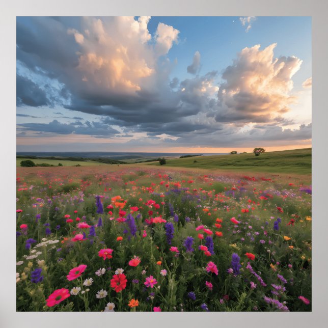 Vibrant Wildflower Field Sunset  Poster (Front)