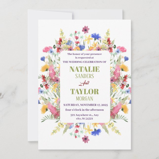 Vibrant Wildflower Garden Floral Frame Wedding Invitation (Front)