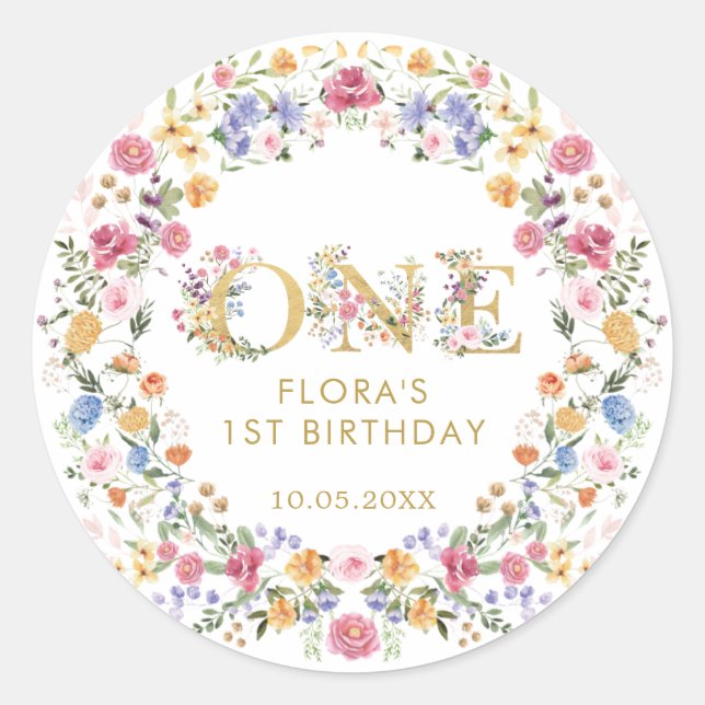 Vibrant Wildflower Garden Wreath 1st Birthday Girl Classic Round Sticker (Front)