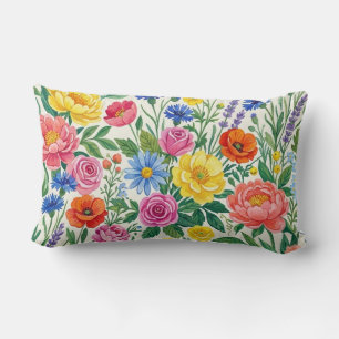 Vibrant Wildflower Meadow Botanical Garden Print Lumbar Cushion