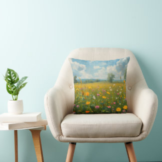 Vibrant Wildflower Meadow Oil Painting Style Flora Cushion