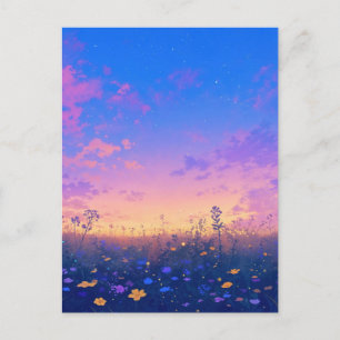 Vibrant Wildflower Meadow Under Starry Sunset Postcard