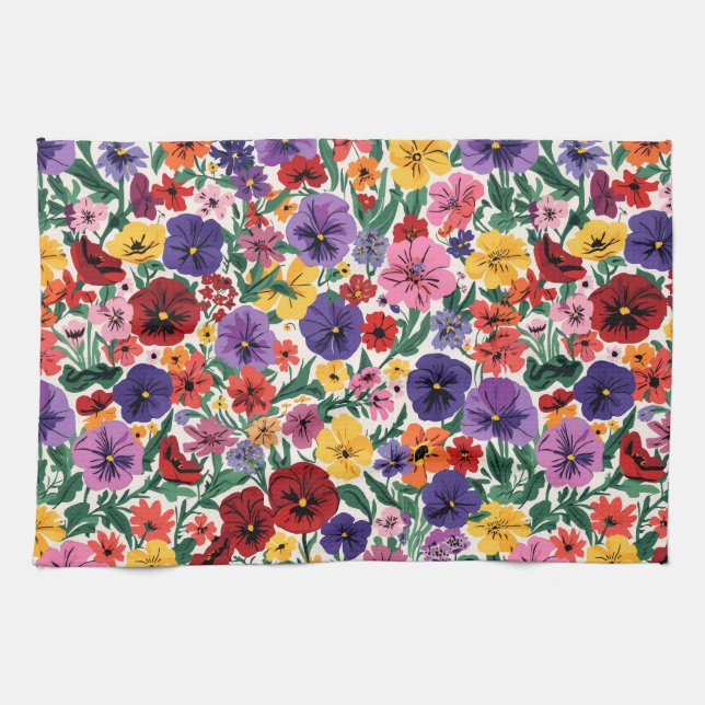 Vibrant Wildflower Pansy Botanical Pattern Tea Towel (Horizontal)