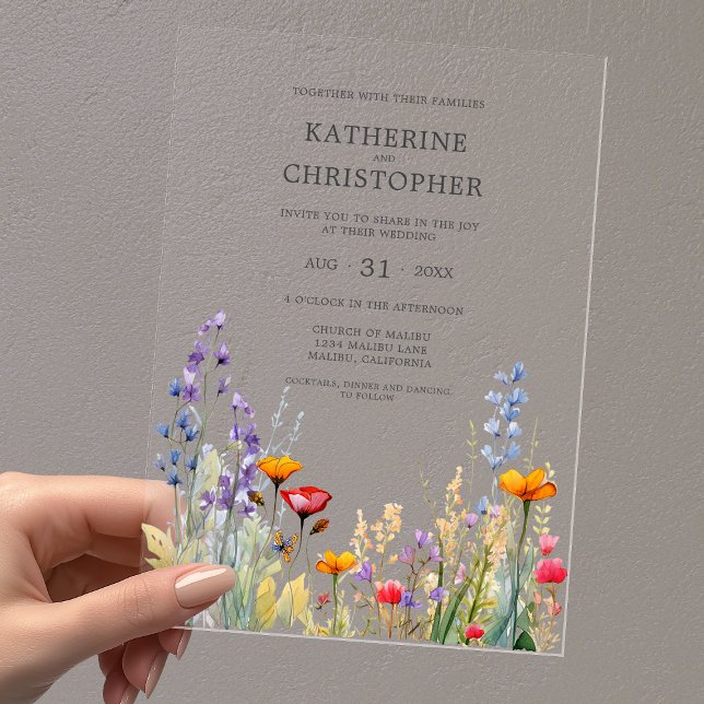 Vibrant Wildflowers Elegant Wedding Clear Acrylic Invitations (Colorful Wildflowers Elegant Wedding Clear Acrylic Invitation with Orange, Red, Purple Watercolor.)