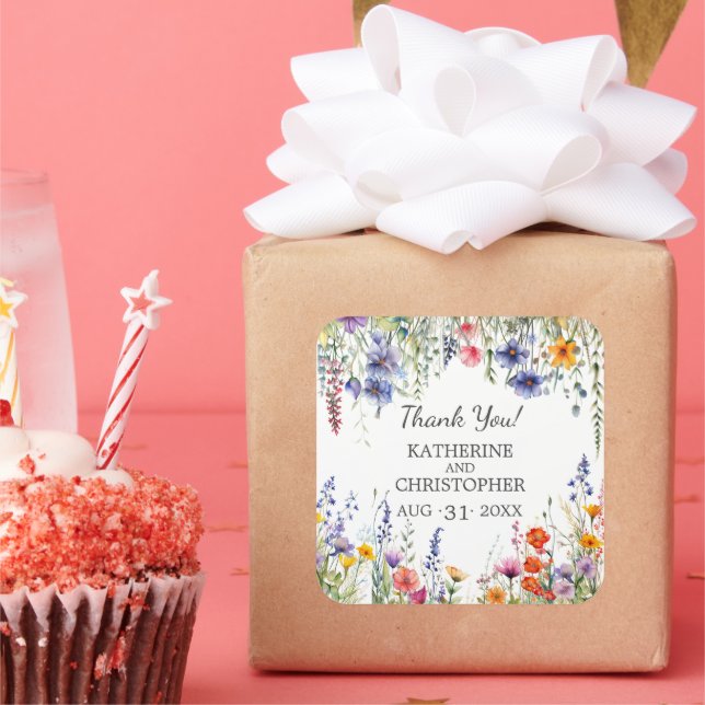 Vibrant Wildflowers Wedding Elegant Thank You Square Sticker (Party)