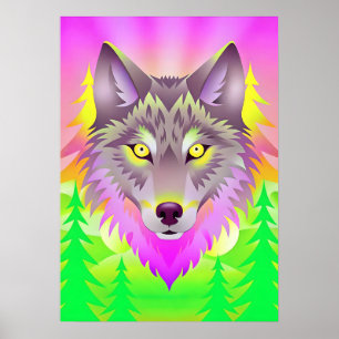 Vibrant Wolf Illustration with Abstract Trees Poster