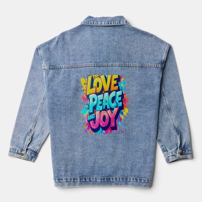 Vibrant Words: Love, Peace, and Joy Denim Jacket (Back)