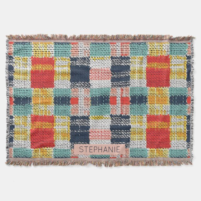 Vibrant Woven Plaid - Retro Boho Chequered Pattern Throw Blanket (Front)