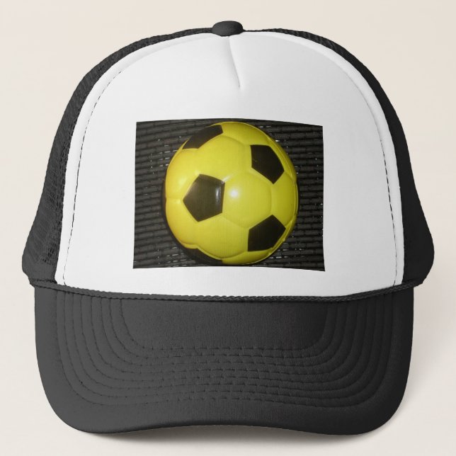 Vibrant Yellow and Black Football (Soccer) Art Trucker Hat (Front)