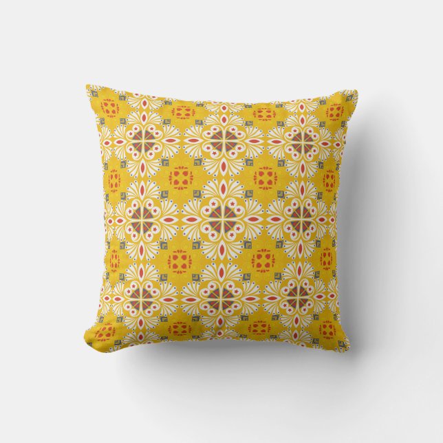 vibrant yellow and floral geometric pattern cushion (Front)