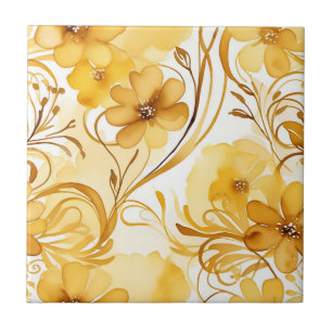 Vibrant Yellow and Gold Watercolor Floral Tile