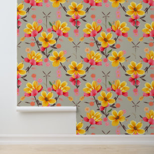 Vibrant Yellow and Pink Floral Fantasy Wallpaper