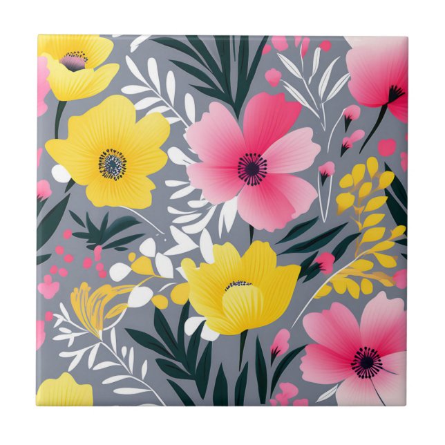 Vibrant Yellow And Pink Flowers On Grey Tile (Front)