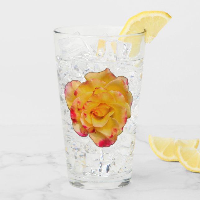 Vibrant Yellow and Pink Rose Drinking Glass (Back Ice)