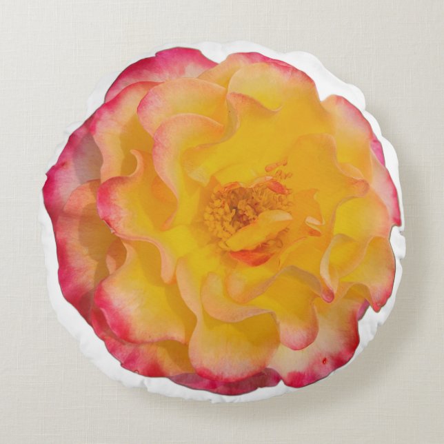 Vibrant Yellow and Pink Rose Round Pillow (Front)