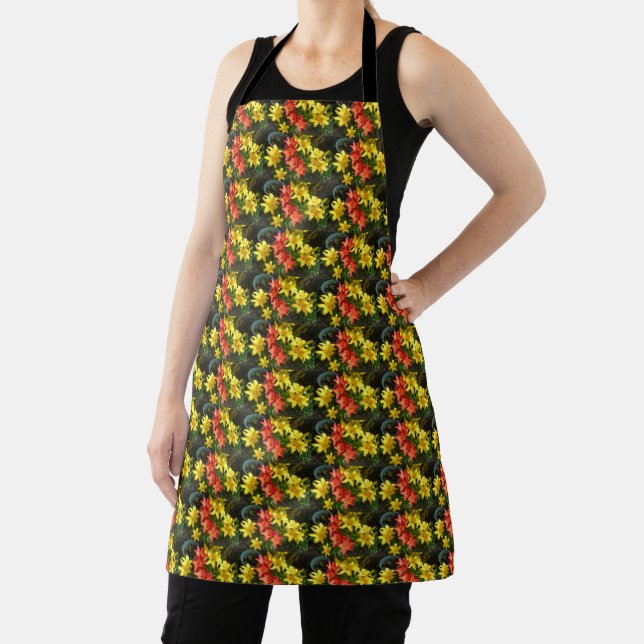 Vibrant Yellow and Red Lily Colour Kitchen Apron (Insitu)