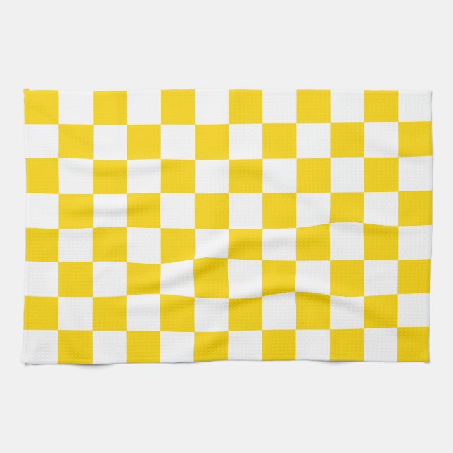 Vibrant Yellow and White Chequered Chess Retro Tea Towel (Horizontal)