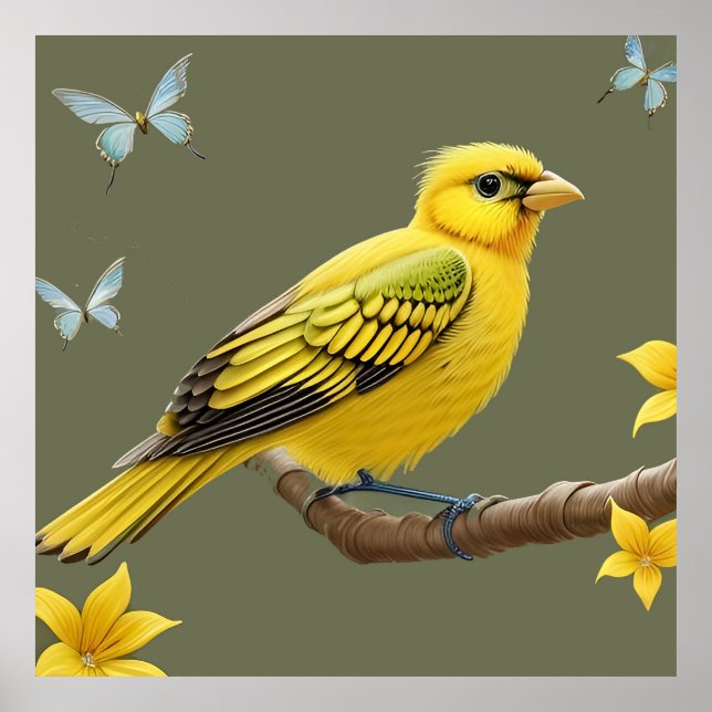 Vibrant Yellow Bird on Branch Poster (Front)
