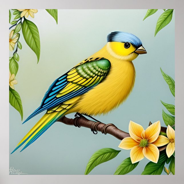 Vibrant Yellow Bird on Branch Poster (Front)