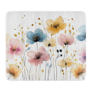Vibrant Yellow, Blue, and Pink Watercolor Floral Cutting Board