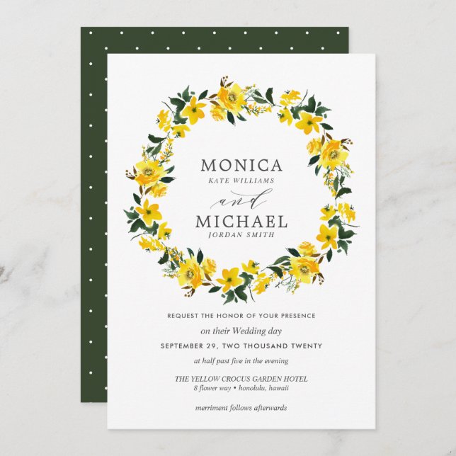 Vibrant yellow flowers wreath wedding invitation (Front/Back)