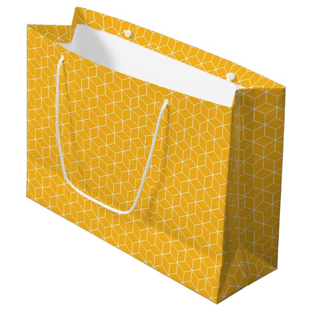 Vibrant Yellow Hexagonal Cube Pattern Design Large Gift Bag (Front Angled)