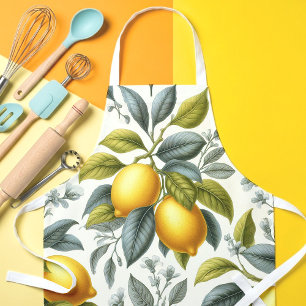 Vibrant Yellow Lemon and Blue Watercolor Botanical Apron