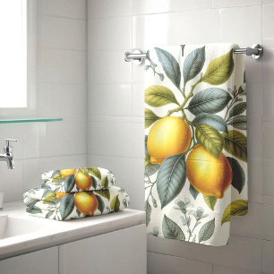 Vibrant Yellow Lemon and Blue Watercolor Botanical Bath Towel Set
