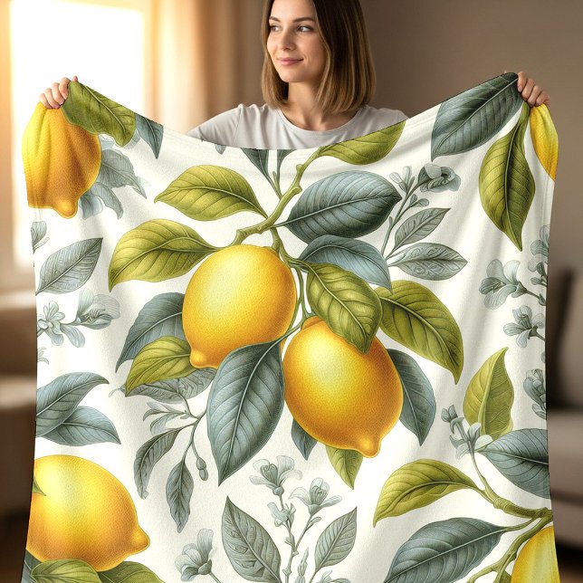 Vibrant Yellow Lemon and Blue Watercolor Botanical Fleece Blanket (Creator Uploaded)