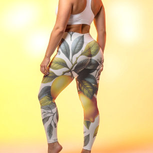Vibrant Yellow Lemon and Blue Watercolor Botanical Leggings