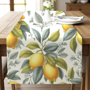 Vibrant Yellow Lemon and Blue Watercolor Botanical Long Table Runner