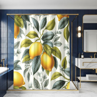 Vibrant Yellow Lemon and Blue Watercolor Botanical Shower Curtain