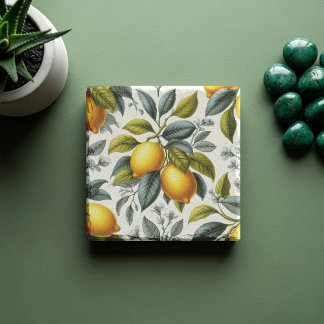 Vibrant Yellow Lemon and Blue Watercolor Botanical Stone Coaster