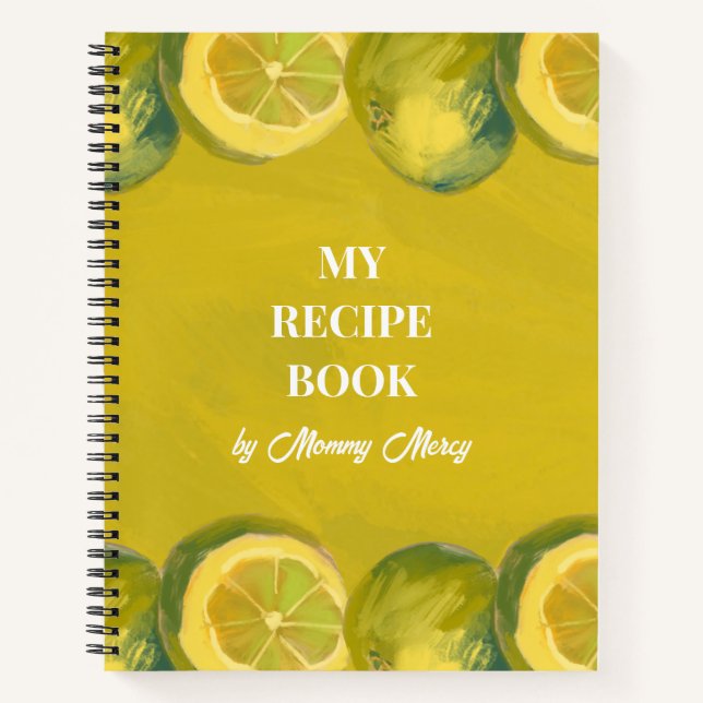 Vibrant Yellow Painterly Lemon Fruit Border Recipe Notebook (Front)