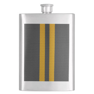 Vibrant Yellow Racing Stripes Carbon Fiber Style Hip Flask
