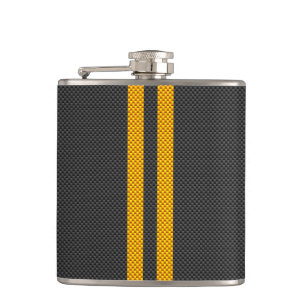 Vibrant Yellow Racing Stripes Carbon Fibre Style Hip Flask