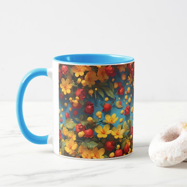 Vibrant Yellow & Red Floral Pattern Design Mug (With Donut)