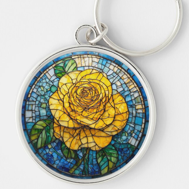 Vibrant Yellow Rose Circular Stained Glass Art Key Ring (Front)