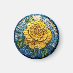 Vibrant Yellow Rose Circular Stained Glass Art Magnet