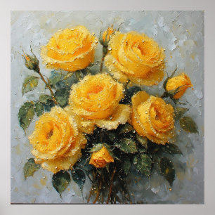 Vibrant Yellow Roses with Dew Oil Painting Poster