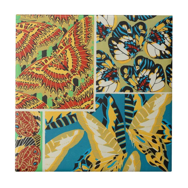 Vibrant Yellow & Teal Art Deco Butterfly Art Tile (Front)