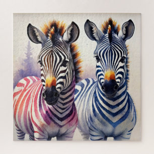 Vibrant Zebra Duo Watercolor Pointillism Art Jigsaw Puzzle