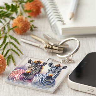 Vibrant Zebra Duo Watercolor Pointillism Art Key Ring