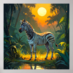Vibrant Zebra in Jungle with Sunset Painting Poster