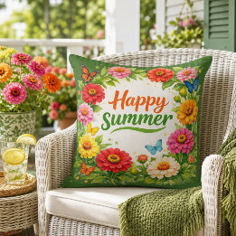 Vibrant Zinnia Flowers Happy Summer Green Cushion