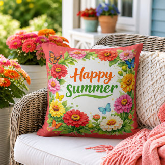 Vibrant Zinnia Flowers Happy Summer Red Cushion