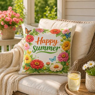Vibrant Zinnia Flowers Happy Summer White Cushion