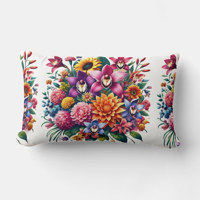 Vibrant Zinnias and Cosmos Floral Design Lumbar Cushion (Front)