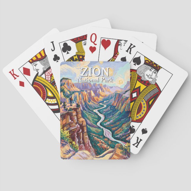 Vibrant Zion National Park Canyon River Hiking Art Playing Cards (Back)