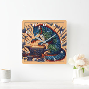 Vibrantly Coloured Cat Forging Tools in Workshop Square Wall Clock